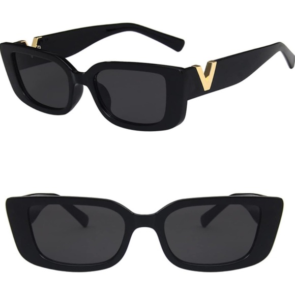 156. NEW| Modern Gold V Accent Rectangular Shape Black Sunglasses - Picture 5 of 10
